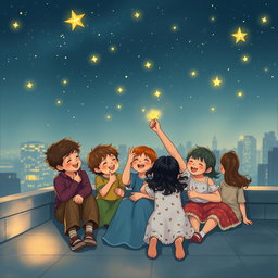 A group of children sitting on a rooftop at night, under a starry sky, engaged in joyful conversation