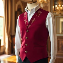 An elegant men's vest in a rich burgundy color, tailored fit, with intricate gold embroidery along the lapels