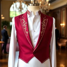 An elegant men's vest in a rich burgundy color, tailored fit, with intricate gold embroidery along the lapels