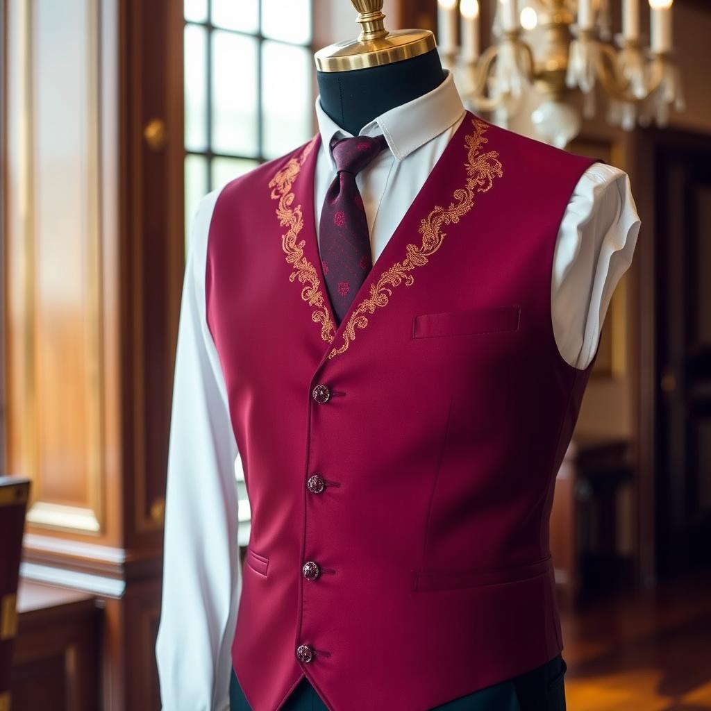 An elegant men's vest in a rich burgundy color, tailored fit, with intricate gold embroidery along the lapels