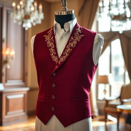 An elegant men's vest in a rich burgundy color, tailored fit, with intricate gold embroidery along the lapels