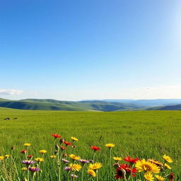 A serene landscape featuring a vast grassy meadow under a clear blue sky