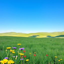A serene landscape featuring a vast grassy meadow under a clear blue sky