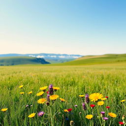 A serene landscape featuring a vast grassy meadow under a clear blue sky
