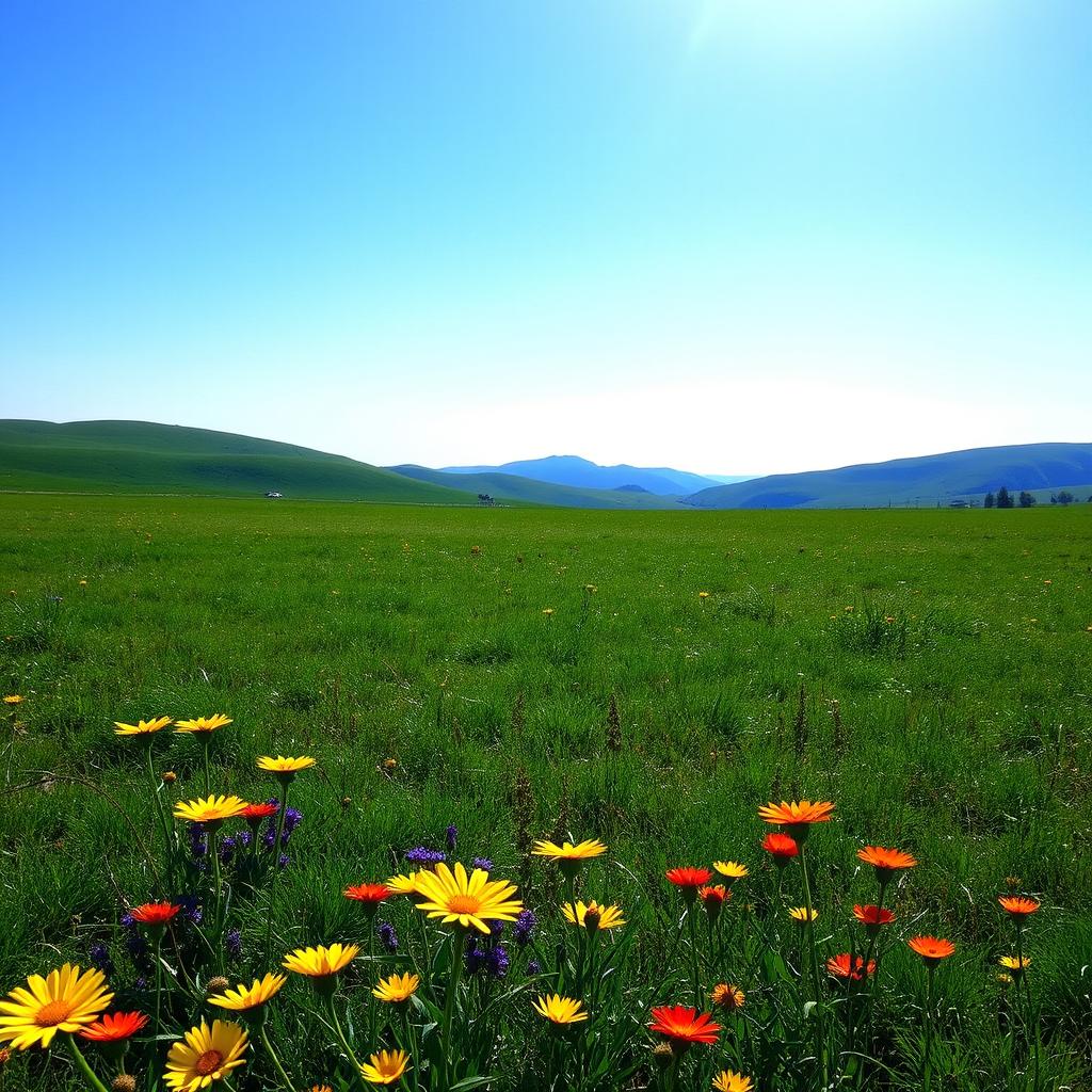 A serene landscape featuring a vast grassy meadow under a clear blue sky