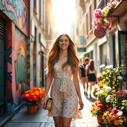 A young woman walking confidently down a vibrant city street, surrounded by colorful street art and blooming flowers
