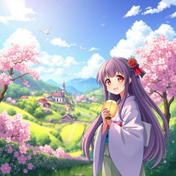 A vibrant anime landscape featuring a picturesque, sunlit village surrounded by lush greenery and blooming cherry blossom trees