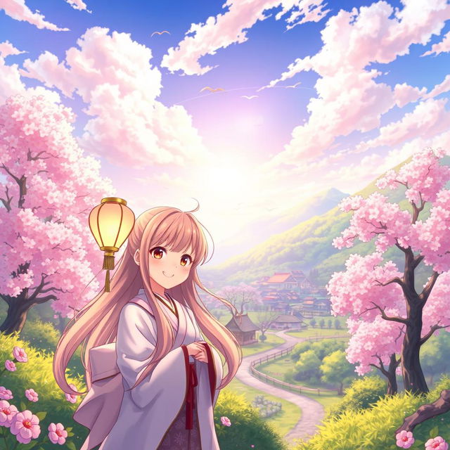 A vibrant anime landscape featuring a picturesque, sunlit village surrounded by lush greenery and blooming cherry blossom trees