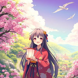 A vibrant anime landscape featuring a picturesque, sunlit village surrounded by lush greenery and blooming cherry blossom trees