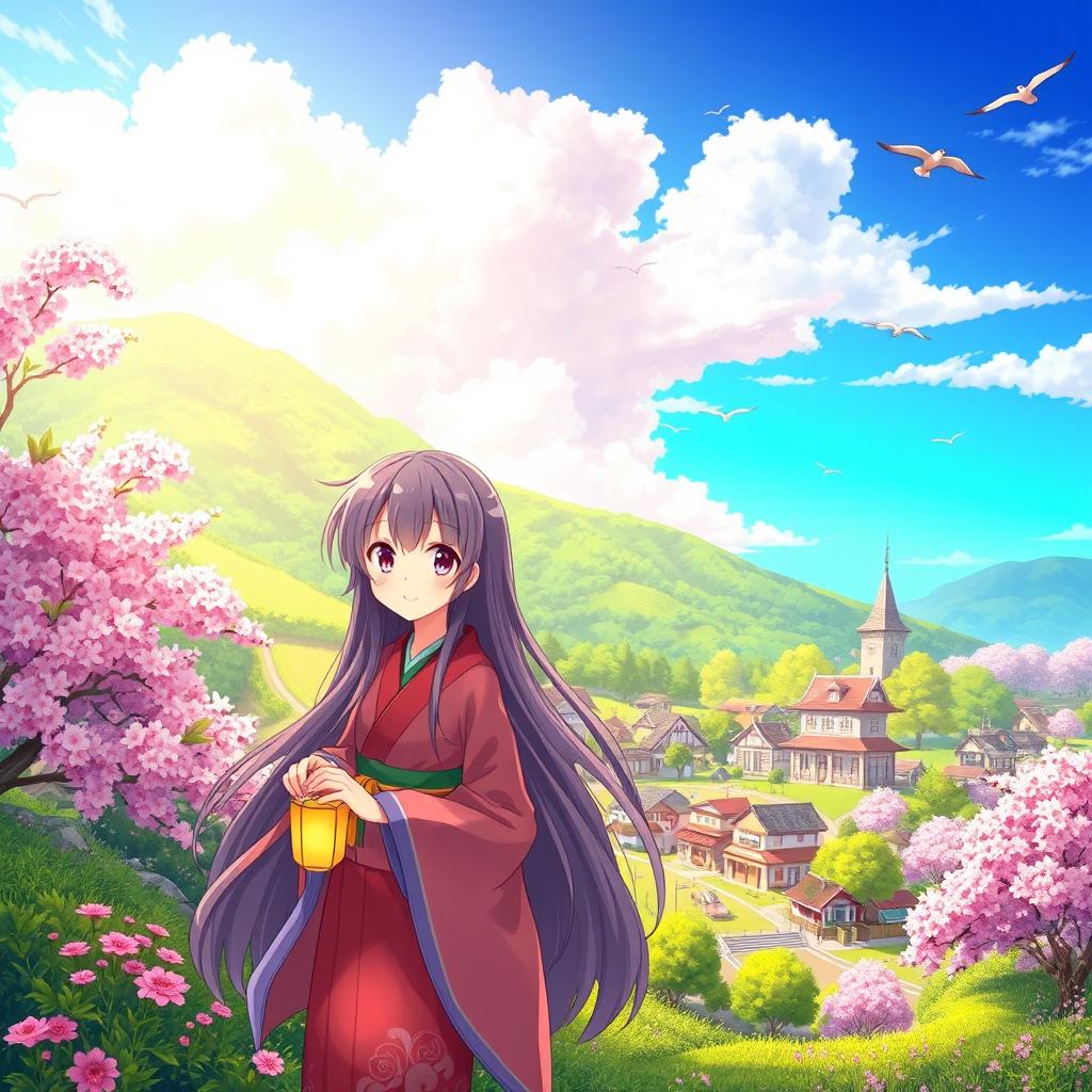 A vibrant anime landscape featuring a picturesque, sunlit village surrounded by lush greenery and blooming cherry blossom trees