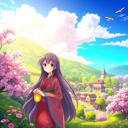 A vibrant anime landscape featuring a picturesque, sunlit village surrounded by lush greenery and blooming cherry blossom trees