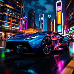 A sleek, futuristic sports car in a vibrant city at night