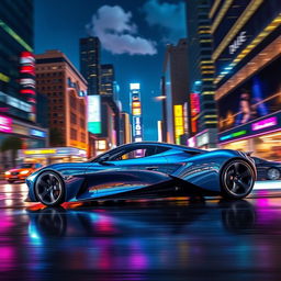 A sleek, futuristic sports car in a vibrant city at night