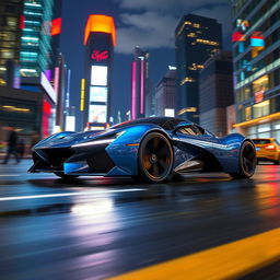 A sleek, futuristic sports car in a vibrant city at night