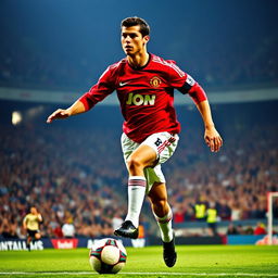 A dynamic, dramatic scene capturing Cristiano Ronaldo at the peak of his football career in 2008