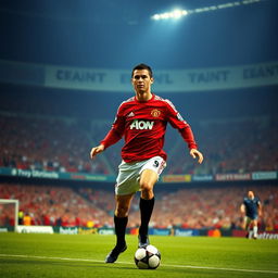 A dynamic, dramatic scene capturing Cristiano Ronaldo at the peak of his football career in 2008