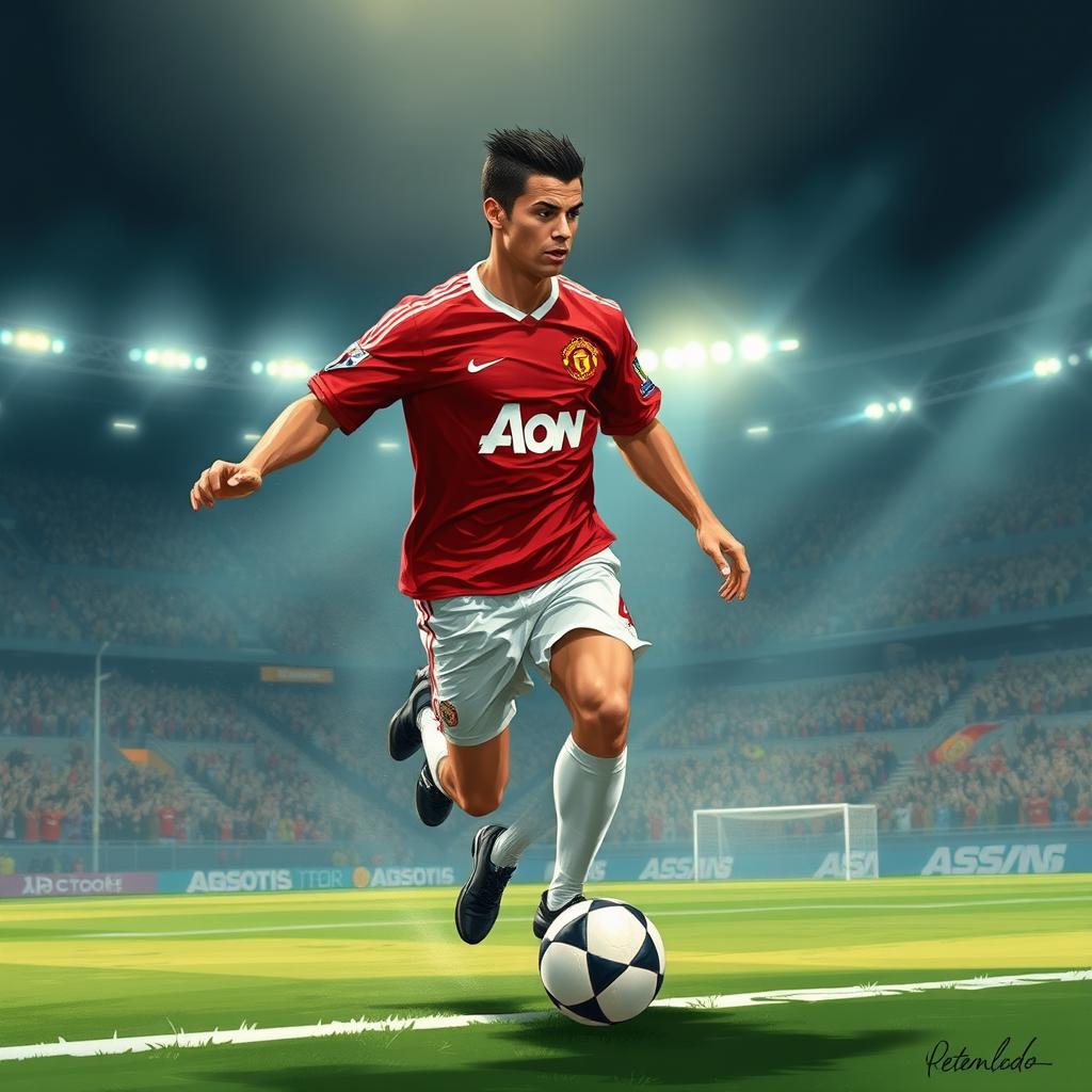 A dynamic and powerful illustration of Cristiano Ronaldo at his peak in 2008, showcasing his athleticism and skill on the football field