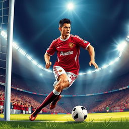 A dynamic and powerful illustration of Cristiano Ronaldo at his peak in 2008, showcasing his athleticism and skill on the football field