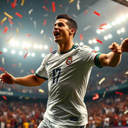 A dynamic and powerful portrait of Cristiano Ronaldo at the peak of his football career, showcasing his impressive physique, determination, and charisma