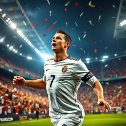 A dynamic and powerful portrait of Cristiano Ronaldo at the peak of his football career, showcasing his impressive physique, determination, and charisma