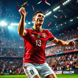 A dynamic and powerful portrait of Cristiano Ronaldo at the peak of his football career, showcasing his impressive physique, determination, and charisma