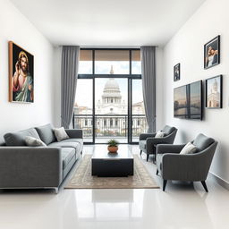 A modern living room of a house featuring a sleek gray sofa and stylish gray armchairs