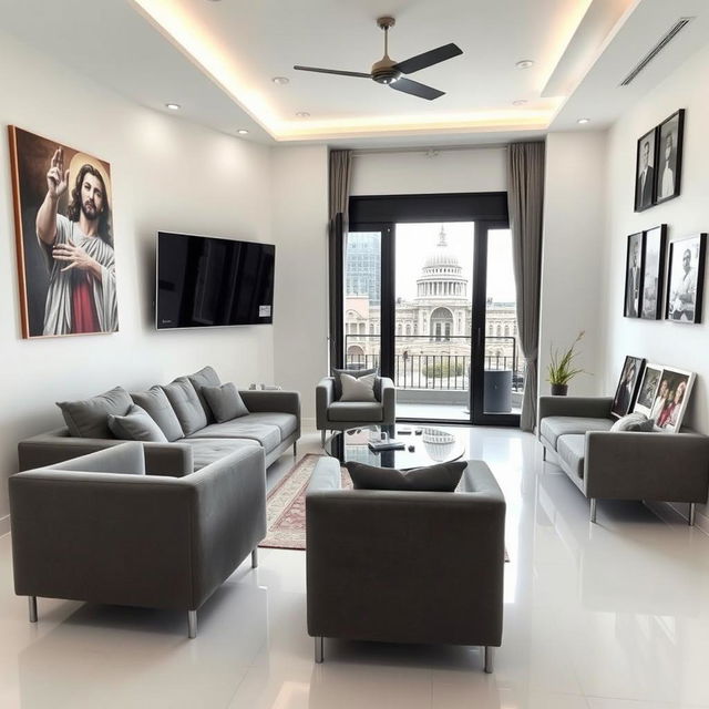 A modern living room of a house featuring a sleek gray sofa and stylish gray armchairs