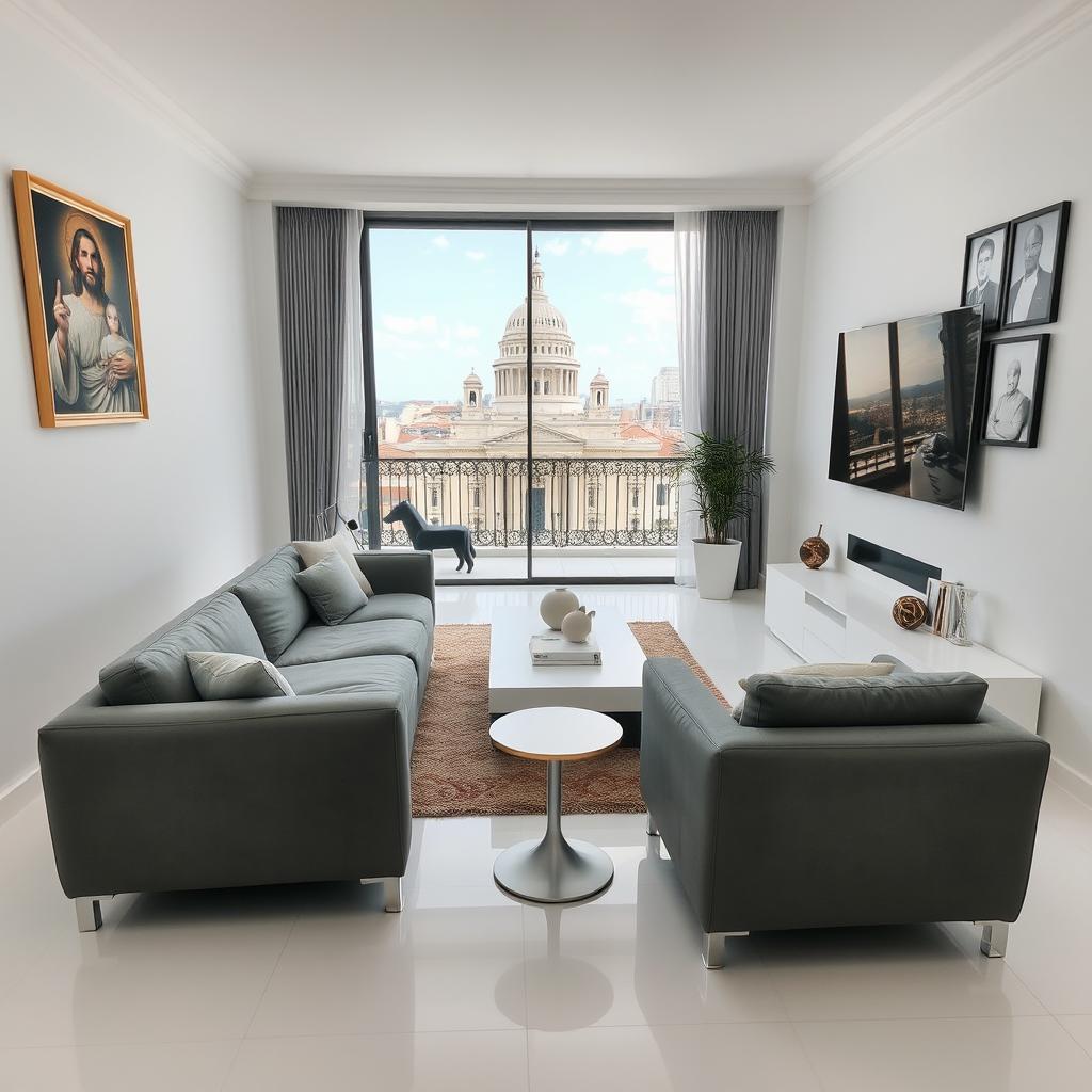 A modern living room of a house featuring a sleek gray sofa and stylish gray armchairs