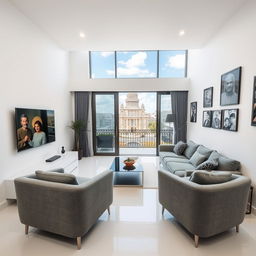 A modern living room of a house featuring a sleek gray sofa and stylish gray armchairs