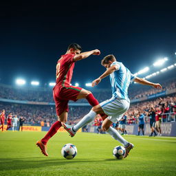 A dynamic, intense soccer match scene featuring Cristiano Ronaldo and Lionel Messi competing against each other