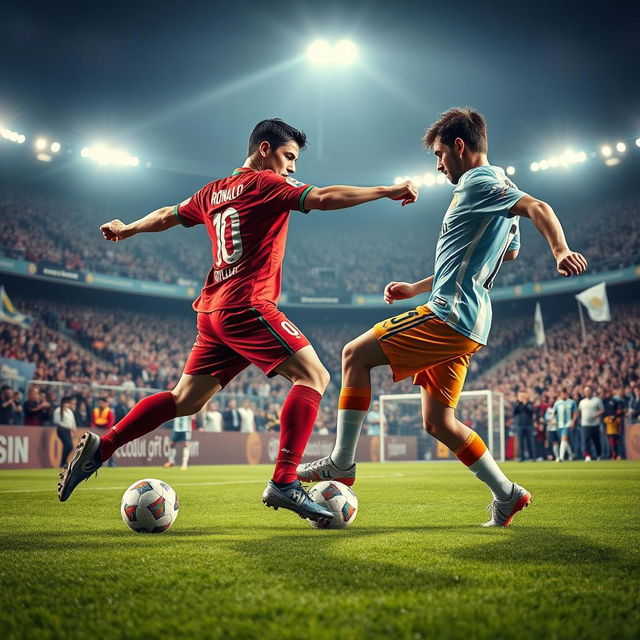 A dynamic, intense soccer match scene featuring Cristiano Ronaldo and Lionel Messi competing against each other