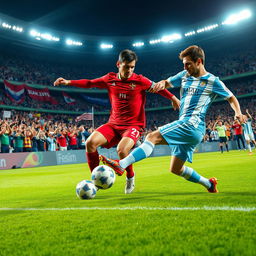 A dynamic, intense soccer match scene featuring Cristiano Ronaldo and Lionel Messi competing against each other