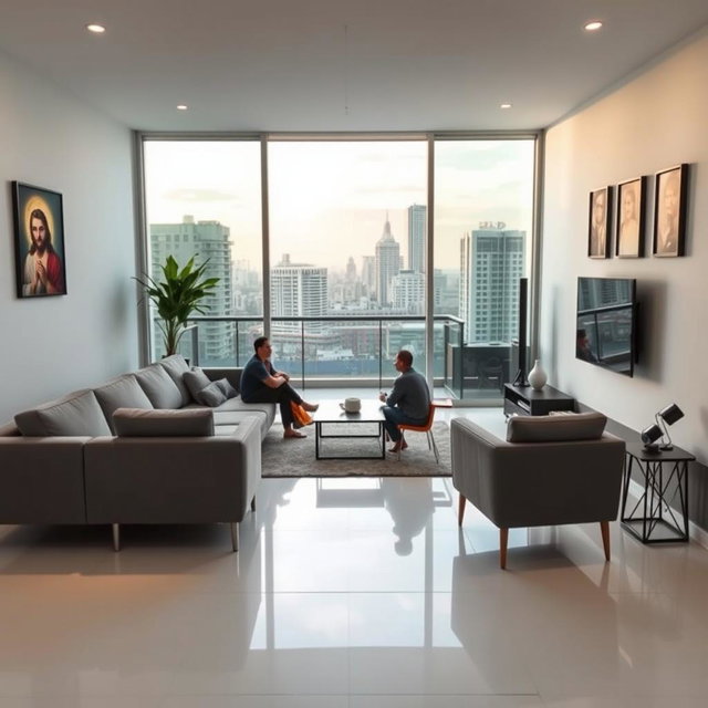 A modern living room featuring a sleek gray sofa and stylish gray chairs, along with two contemporary armchairs