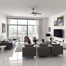 A modern living room featuring a sleek gray sofa and stylish gray chairs, along with two contemporary armchairs