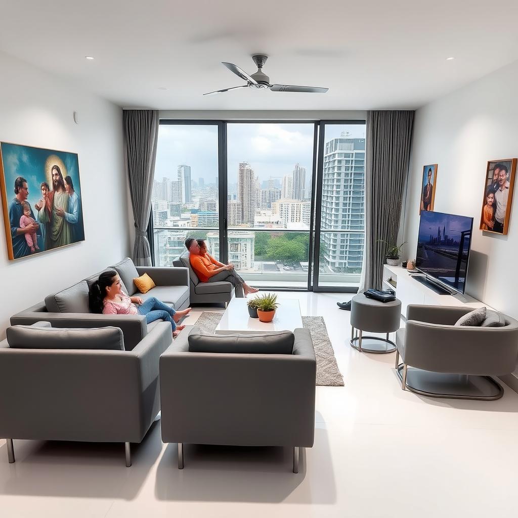 A modern living room featuring a sleek gray sofa and stylish gray chairs, along with two contemporary armchairs