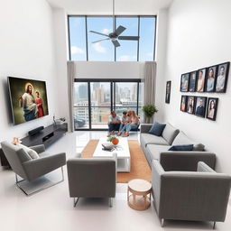 A modern living room featuring a sleek gray sofa and stylish gray chairs, along with two contemporary armchairs
