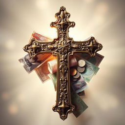 A striking, artistic depiction of a cross symbolizing faith intertwined with various denominations of money, showcasing a contrast between spirituality and material wealth