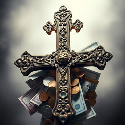 A striking, artistic depiction of a cross symbolizing faith intertwined with various denominations of money, showcasing a contrast between spirituality and material wealth