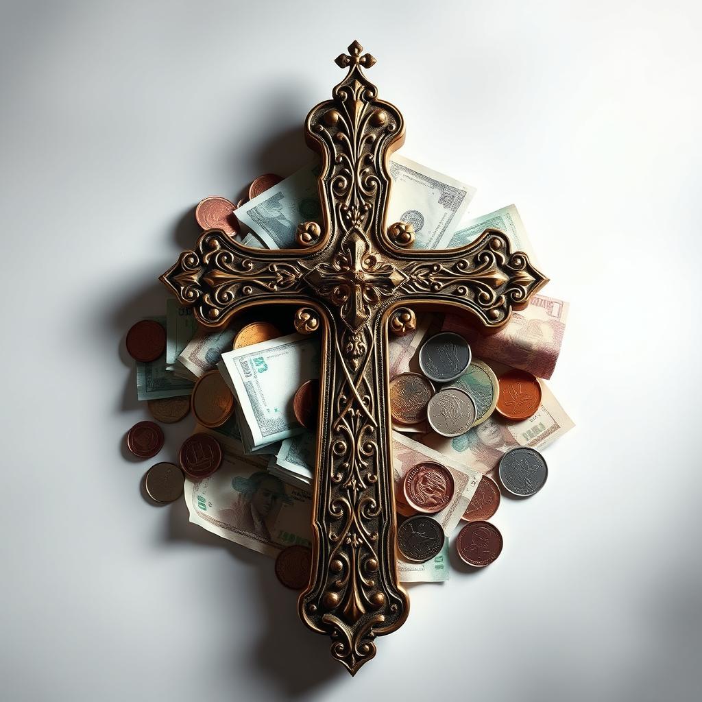 A striking, artistic depiction of a cross symbolizing faith intertwined with various denominations of money, showcasing a contrast between spirituality and material wealth