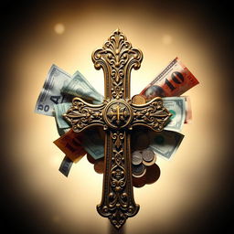 A striking, artistic depiction of a cross symbolizing faith intertwined with various denominations of money, showcasing a contrast between spirituality and material wealth