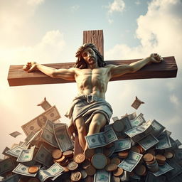 A powerful and artistic representation of Jesus Christ on the cross, surrounded by various denominations of money