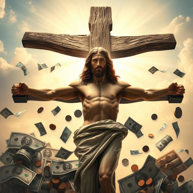 A powerful and artistic representation of Jesus Christ on the cross, surrounded by various denominations of money
