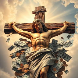 A powerful and artistic representation of Jesus Christ on the cross, surrounded by various denominations of money
