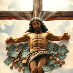 A powerful and artistic representation of Jesus Christ on the cross, surrounded by various denominations of money