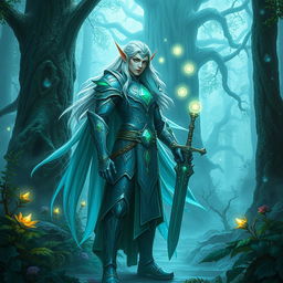 A powerful fantasy character standing in an ancient enchanted forest, with vibrant magical flora surrounding them