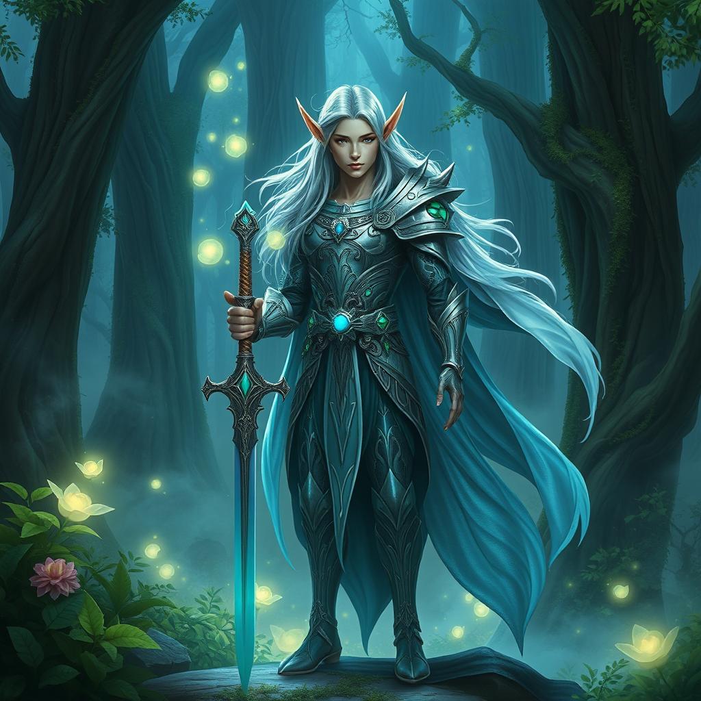 A powerful fantasy character standing in an ancient enchanted forest, with vibrant magical flora surrounding them