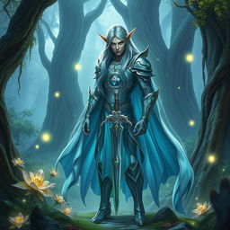 A powerful fantasy character standing in an ancient enchanted forest, with vibrant magical flora surrounding them