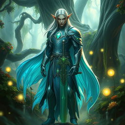 A powerful fantasy character standing in an ancient enchanted forest, with vibrant magical flora surrounding them