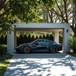 A modern car porch featuring a sleek Porsche 911 parked elegantly underneath