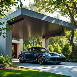 A modern car porch featuring a sleek Porsche 911 parked elegantly underneath